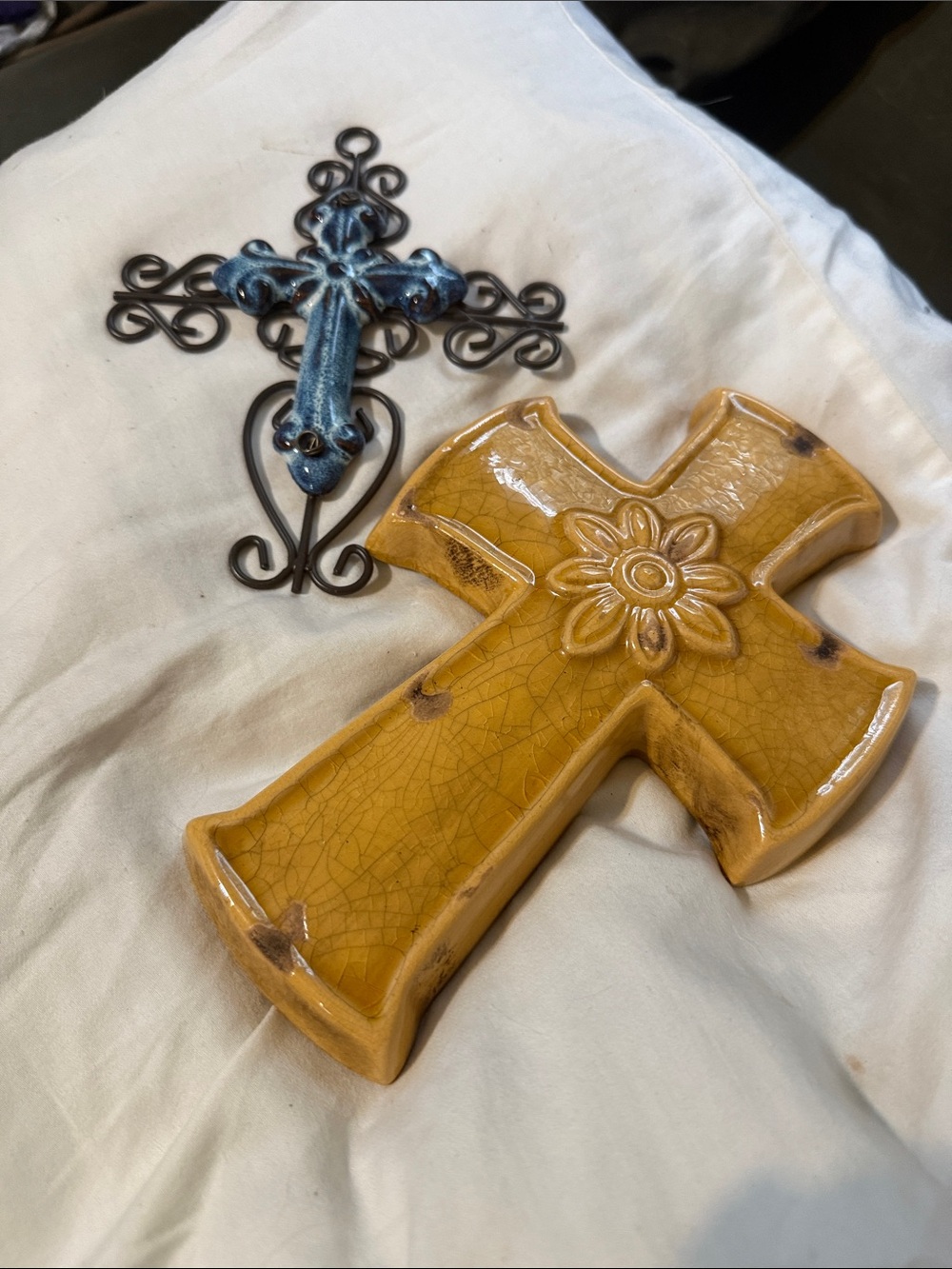 2 Crosses.  Yellow Ceramic Cross , Wall Accent with Decorative blue Detail